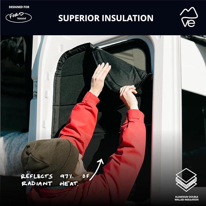 VanEssential Insulated Stealth Blackout Window Covers Designed for Ford Transit High/Medium Roof Rear Door Windows (Pair) - Black
