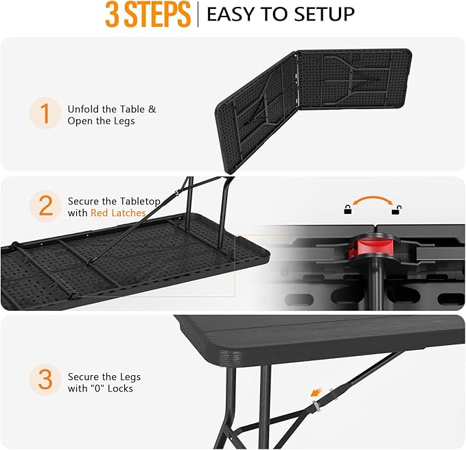 Bonnlo Folding Table 8ft, Portable Collapsible Plastic Black Long Tables for Party, Camping, Banquet, Craft, Dining, Wedding, Outdoor and Indoor Use