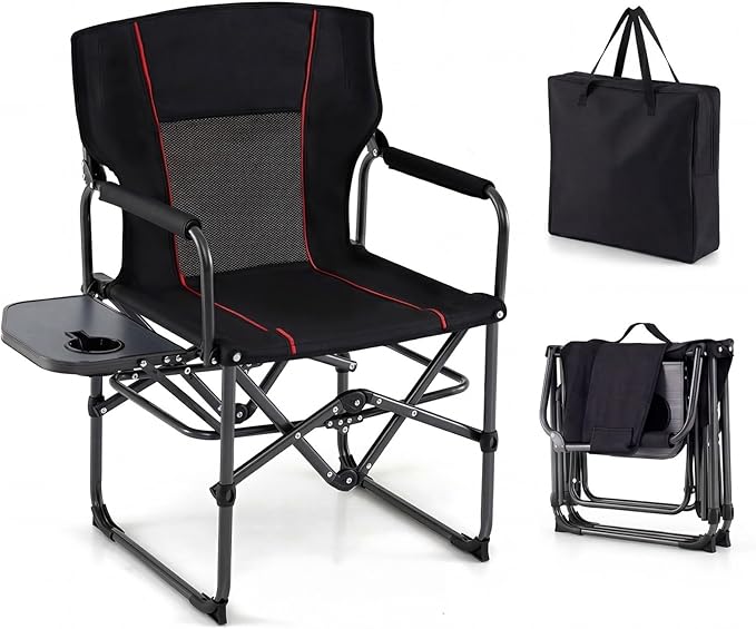 GYMAX Oversized Camping Directors Chair, Portable Folding Camping Chairs for Adults with Table, Heavy-Duty Lawn Chair for Fishing, Picnic, Sports, Beach, Outdoor, Supports 500LBS (Black)
