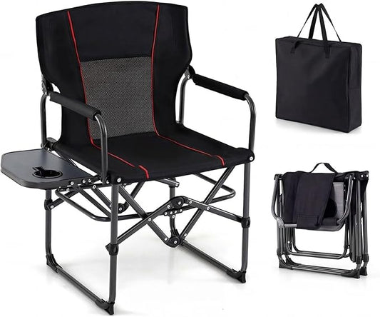 GYMAX Oversized Camping Directors Chair, Portable Folding Camping Chairs for Adults with Table, Heavy-Duty Lawn Chair for Fishing, Picnic, Sports, Beach, Outdoor, Supports 500LBS (Black)