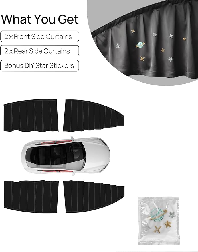 TPARTS Side Window Sun Shade for Tesla Model Y 2021-2026 (Including Model Y Juniper), Privacy Curtain Blinds Front & Rear Window Shade Blackout Drapes Set of 4 (Standard, Premium, Performance)