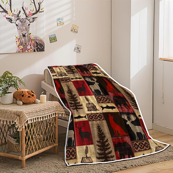 Torich Rustic Cabin Throw Blankets, Country Vintage Bear Moose Wood Cozy Warm Bed Couch Blanket, Farmhouse Hunting Camping Forest White Fleece Flannel Throws to Decorate The Room and Bedroom