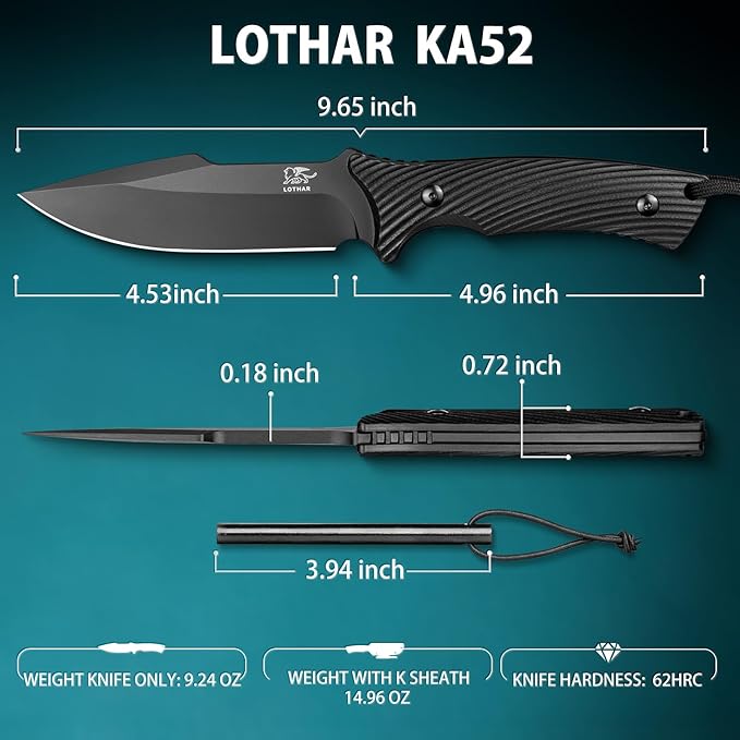 LOTHAR KA52 Fixed Blade Knife, Sharp D2 Steel Blade Survival Knives with Kydex Sheath, Hunting Knives with G10 Handle, Camping Bushcraft Knife for Outdoor, Camping Gifts For Men