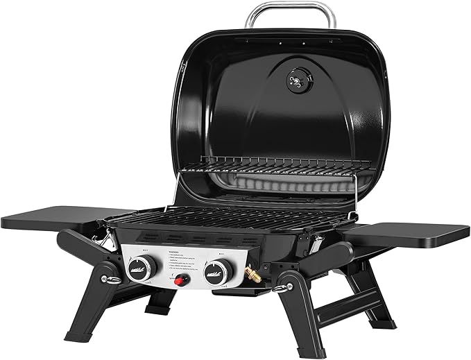 Royal Gourmet GT2005 2 Burner Portable Propane Gas Grill with Foldable Side Tables & Foldable Support Legs, Tabletop Gas Grill with Warming Rack for Outdoor Cooking & Grilling, Black
