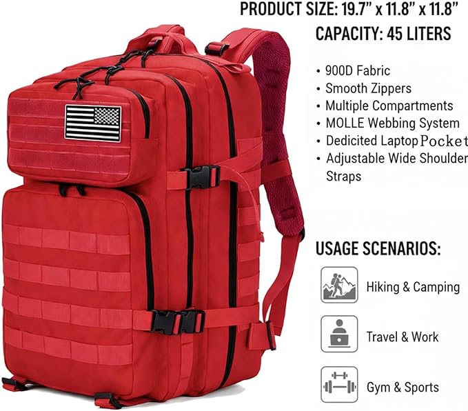 45L Military Tactical Backpack for Men & Women Bug Out Bag Assault pack Molle Daypack Hiking Trekking Rucksack(Red)