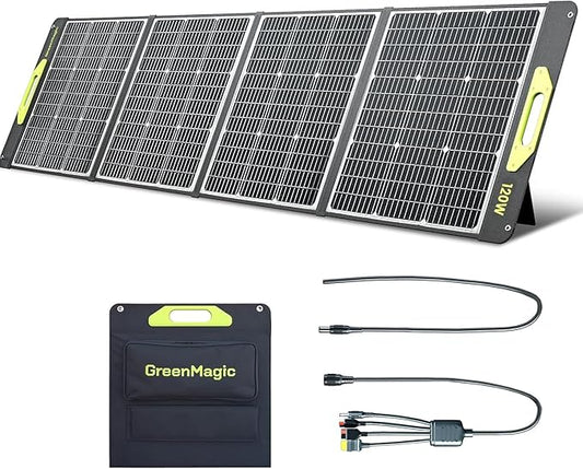 Greenmagic 120 Watt Portable Solar Panel, Foldable 120W Solar Panel Charger 19V for Power Station Outdoor Camping RV Home IP67 Waterproof with an Adjustable Kickstand Case High 23% Efficiency
