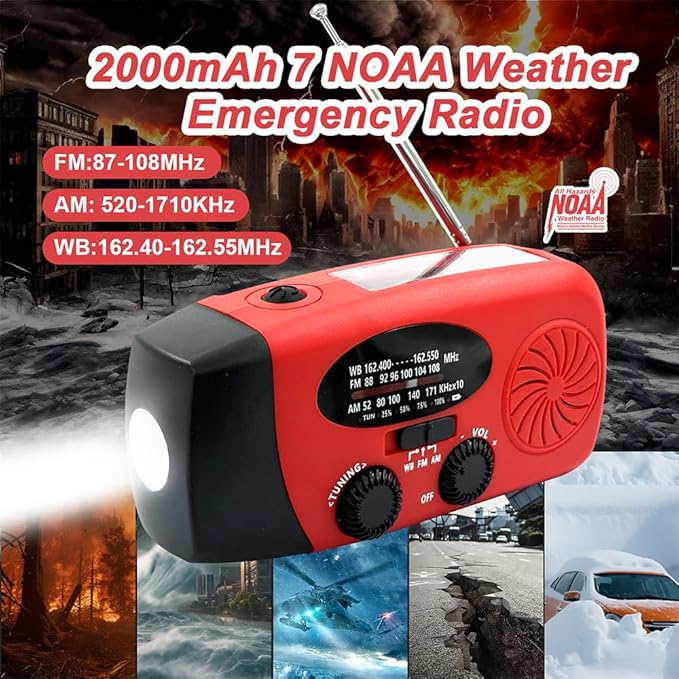 Hand Crank Emergency Radio, AM/FM/NOAA Weather Radio with 2000mAh Battery Operated, Solar Powered & USB Charging, Flashlight, Reading Light,SOS Alarm, Headphone Jack for Outdoor Indoor