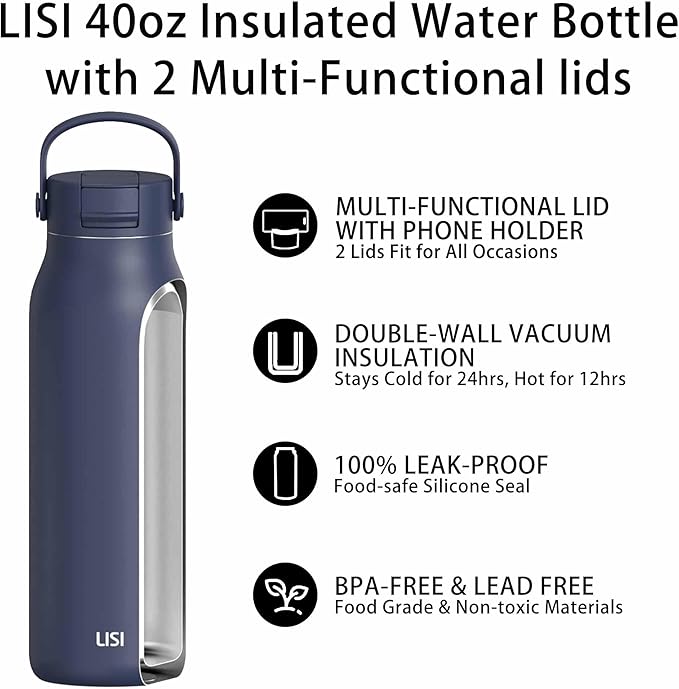LISI 40oz Insulated Water Bottle, Double Wall Stainless Steel Water Bottles with Straw, 100% Leak-Proof Travel Thermal Canteen Mug with 2 Lids (Straw, Phone Holder Lid)