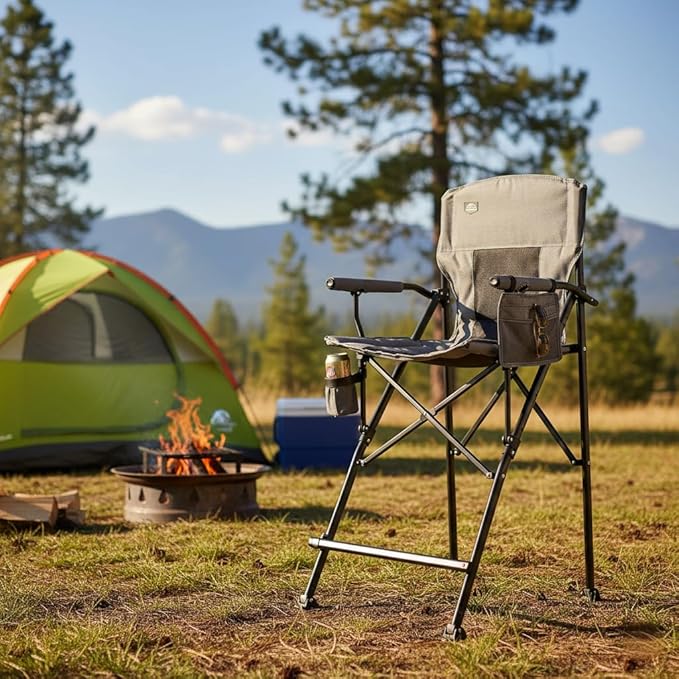 LANMONTAIN 2 Pack Tall Folding Camping Chairs,30.7'' Seat Height Portable Hard Arm Bar Chairs w/Cup Holder,Side Mesh Pocket and Footrest,Heavy Duty Support 350 Lbs Comfy Director Chairs,Black&Grey