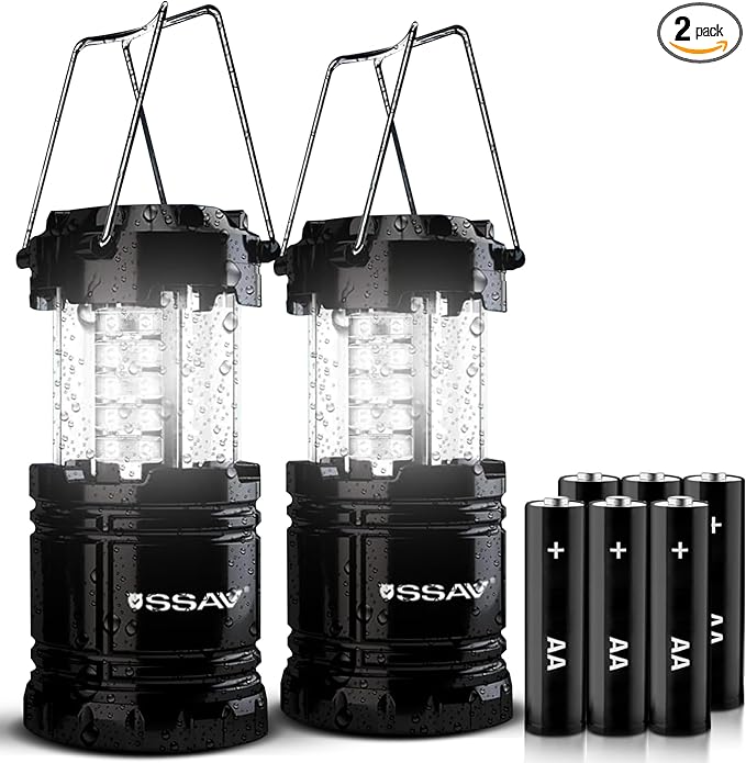 2 Pack LED Camping Lantern, LED Lanterns, Suitable Survival Kits for Hurricane, Emergency Light for Storm, Outages, Outdoor Portable Lanterns, Black, Collapsible | Batteries Included