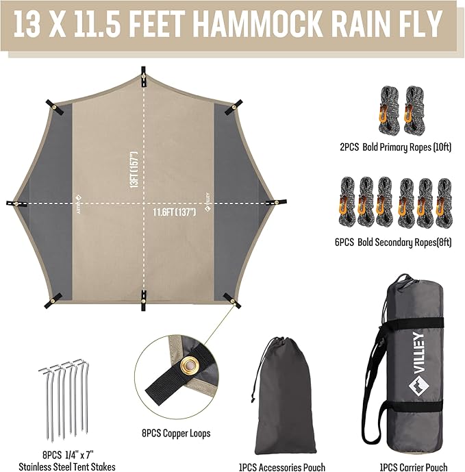 VILLEY Camping Tarps for Tents, Portable Waterproof Hammock Rain Fly, Easy Set Up Camping Shelter Sunshade Canopy for Outdoor Fishing, Backpacking, Hiking, Survival Gear- Heptagonal, Khaki