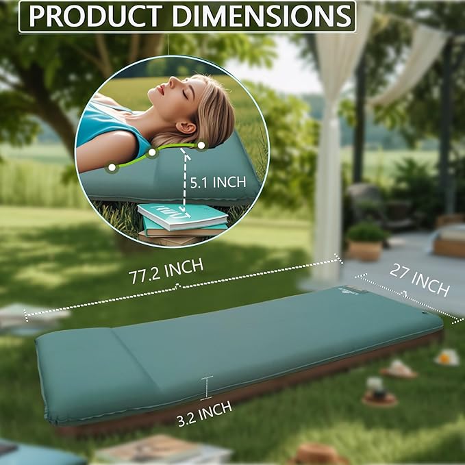 LINKET Self Inflating Sleeping Pad: Sleeping Pad with Electric Pump 3.14" Ultra-Thick Memory Foam & Built-in Pillow All Season Camping Mattress for Tent Travel Car - Self Inflating Air Mattress Green