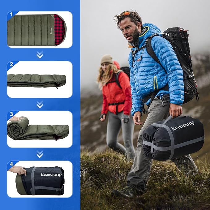 Keencamp 0 Degree Sleeping Bag Cotton Flannel Winter Cold Weather for Adults XXL Sleeping Bag 4 Season Big and Tall with Pillow Compression Sack
