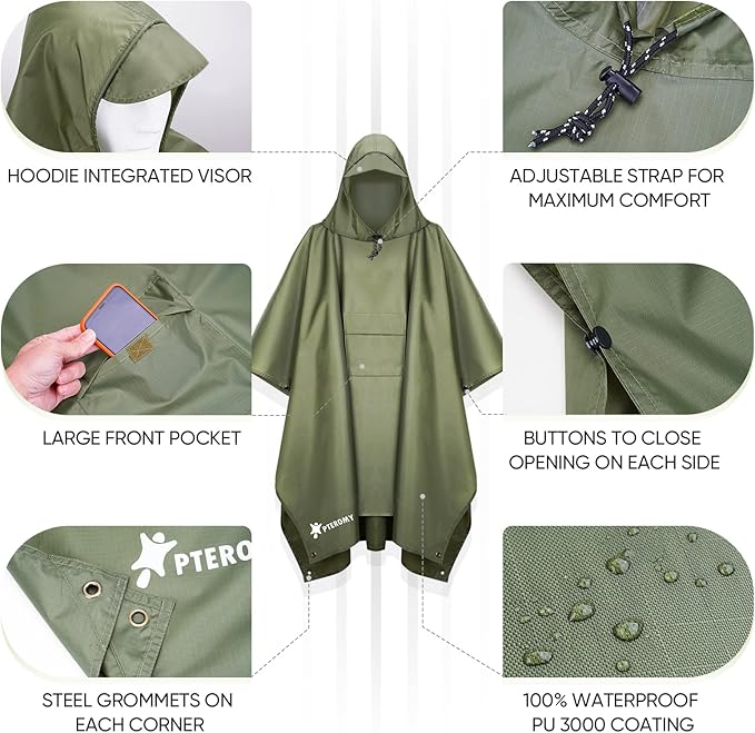 PTEROMY 3-in-1 Hooded Rain Poncho for Adult with Pocket, Waterproof Lightweight Unisex Raincoat for Hiking Camping Emergency