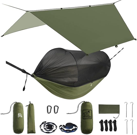 Miztli Camping Hammock with Net & Rain Fly All-in-1 - Double & Single Portable Hammock Ripstop Nylon, Complete Kit w/Adjustable Tree Straps for Backpacking, Outdoor, Travel
