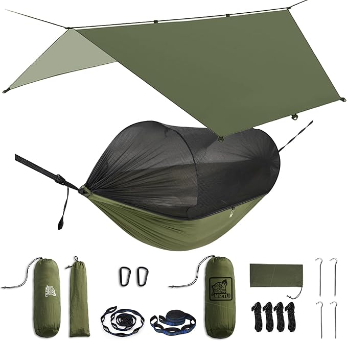 Miztli Camping Hammock with Net & Rain Fly All-in-1 - Double & Single Portable Hammock Ripstop Nylon, Complete Kit w/Adjustable Tree Straps for Backpacking, Outdoor, Travel
