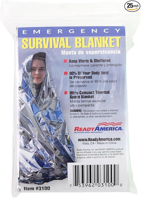 Ready America Emergency Blankets 25-Pack – Ultra-Thin Thermal Survival Blankets for Body Heat Retention, Emergency Preparedness, Camping, Disasters & Outdoor Safety