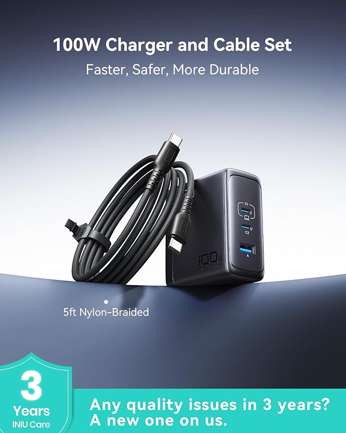 INIU iPhone 17 Charger, 3-Port 100W [USB-C + USB-A] Fast Charger, Compact Foldable USBC Cargador for iPhone 17 16, MacBook Air, IPad, Samsung S25, Switch, Students, Kid, Backpacking, Hiking etc