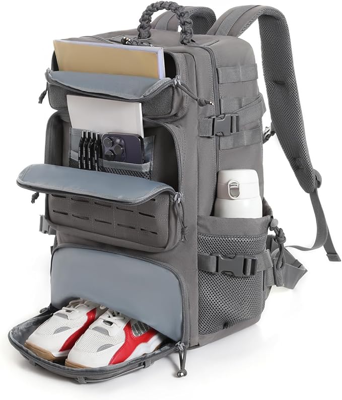 Tactical Military Backpack, Large Capacity Molle System, Multi-Compartment Design with Shoe Storage, Black (grey)
