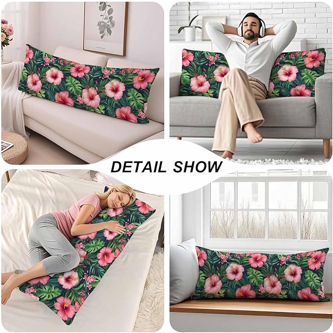 Decorative Home Body Pillow Covers Tropical Leaves, Breathable Body Cushion Cases Hawaii Hibiscus Palms Lumbar Pillow Cover Soft Body Pillowcase for Bedroom Couch Sofa 20x54 Inch Green Red