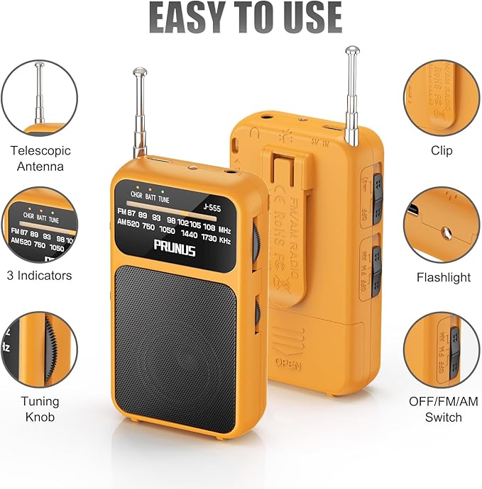 PRUNUS J-555 Pocket Radio AM FM USB-C Charging& Battery Operated, Excellent Reception& Clear Speaker and Headphone Jack, Back Clip, Flashlight, Transistor Radios, Portable Radio AM FM, Mini Radios
