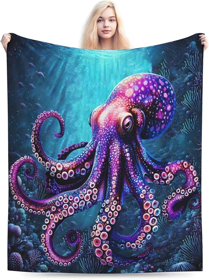 Ocean Octopus Blanket Soft Octopus Flannel Fleece Blanket Cozy Warm Nautical Decor Bedding Stuff Plush Throw Blanket Gifts for Lover Girls Boys Kids Women Adults 60"x80"