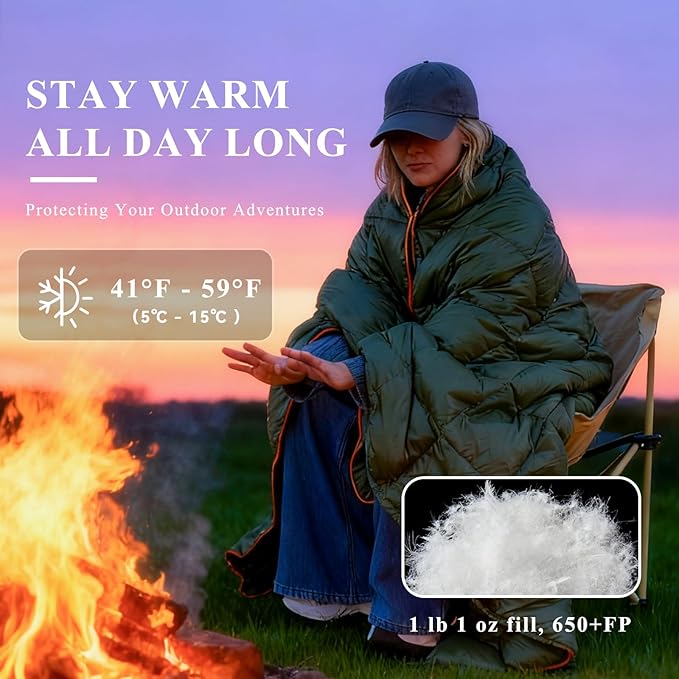 Down Camping Blanket - Packable Down Camping Quilt Backpacking Lightweight Waterproof Outdoor Hiking Stadium Warm Puffy Sleeping Bag 55"x79" Water Resistant Camp Travel Blanket, Green Orange