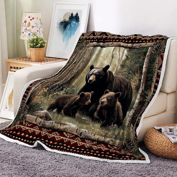 Torich Cabin Throw Blankets, Rustic Farmhouse Hunting Deer Bear Sports Cozy Warm Bed Couch Blanket, Country Wooden Hunting Camping Forest White Fleece Flannel Throws to Decorate The Room and Bedroom