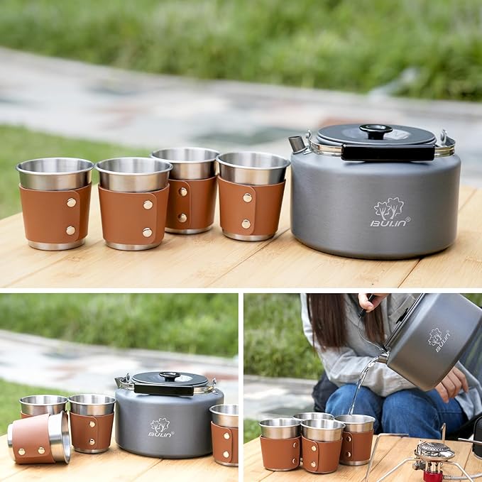 Bulin Camping Kettle, 2.2L Large Portable Stovetop Tea Kettle Fast Heating Boiling Hot Water for Open Fire Lightweight Coffee Pot with 4 Camping Cups & Anti-scald Sleeves for Outdoor Hiking Picnic