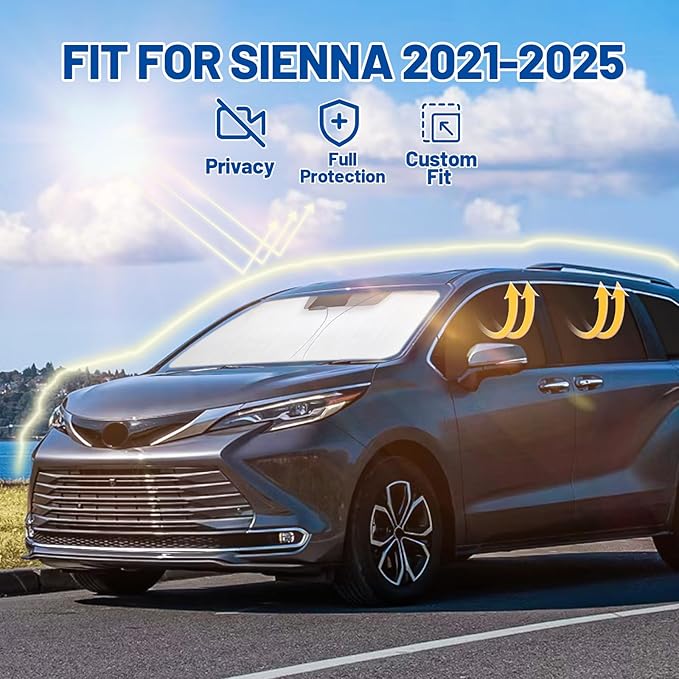 Car Window Shades for Toyota Sienna 2021-2025 Accessories - Full Set 8PCS Side Window Sunshades with Memory Frame & Blackout Fabric, Privacy UV Shield for Camping/Travel