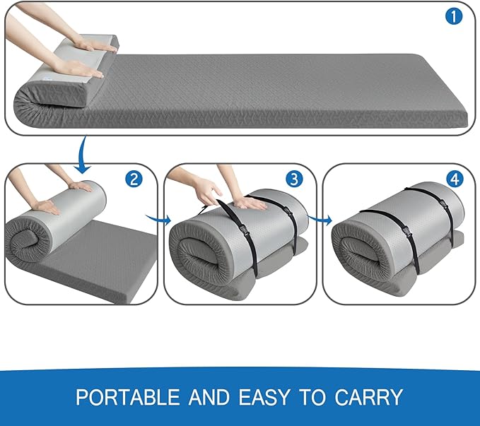 Memory Foam Camping Mattress Pad 3 Inch Thick, Portable Sleeping Pad with Waterproof Cover, Portable Roll Up Cot Mattress Pad Floor Mat for Travel Truck Bed Tent 72" x 24"x 3"