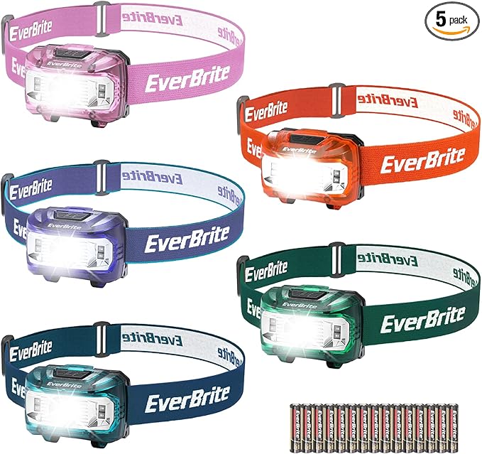 EverBrite Headlamp, 5 Pack Kids Headlamp with Red Light and Memory Function, Head Lamp for Adults and Kids with 5 Modes, Bright Headlamps for Camping, Running, Christmas Gifts, Batteries Included