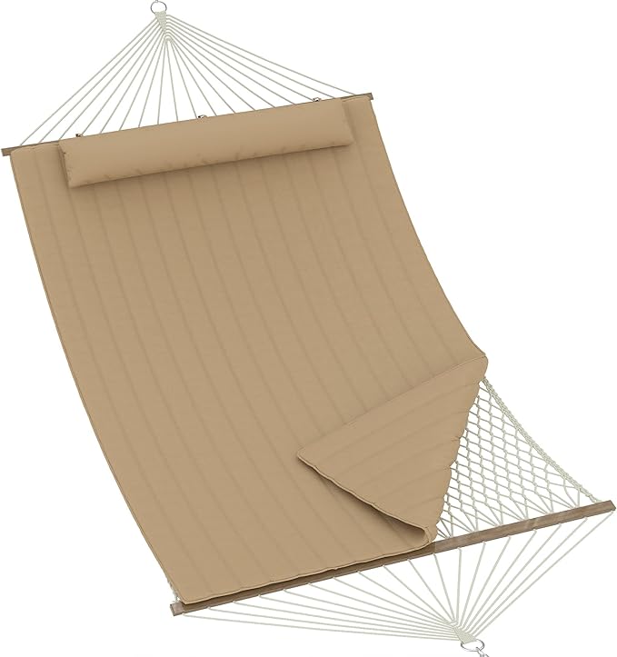 2 Person 12FT Hammocks for Outside, Double Quilted Fabric Outdoor Hammock with Spreader Bar, Large Removable Pillow, Storage Pockets, Carabiners, Max 450 Lbs Capacity