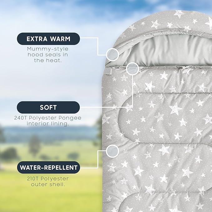 Wake In Cloud - Star Kids Sleeping Bag for Boys Girls Toddlers, Camping in Warm Cold Weather, Backpacking Lightweight Compact Outdoor Liner for 3 Seasons Summer Spring Fall