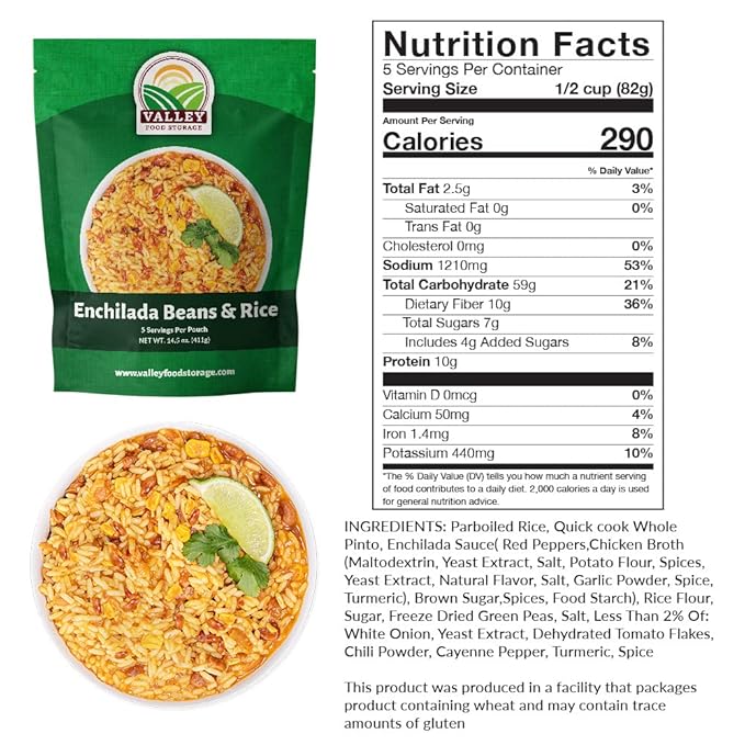Valley Food Storage Enchilada Beans & Rice | 50 Servings Emergency Food Supply | Premium Survival Meals, 25 Year Shelf Life | Prepper Food, Camping & Off Grid Living Supplies (10 Bags + Bucket)