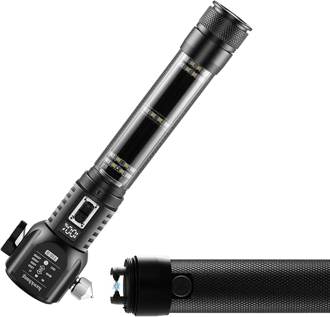 18-in-1 Solar/USB Rechargeable Car Emergency Flashlight Tool - Auto Safety Hammer Glass Breaker, Seatbelt Cutter, Flameless Fire Starter, SOS Alarm, Power Bank, Survival Gear, Driver Gifts