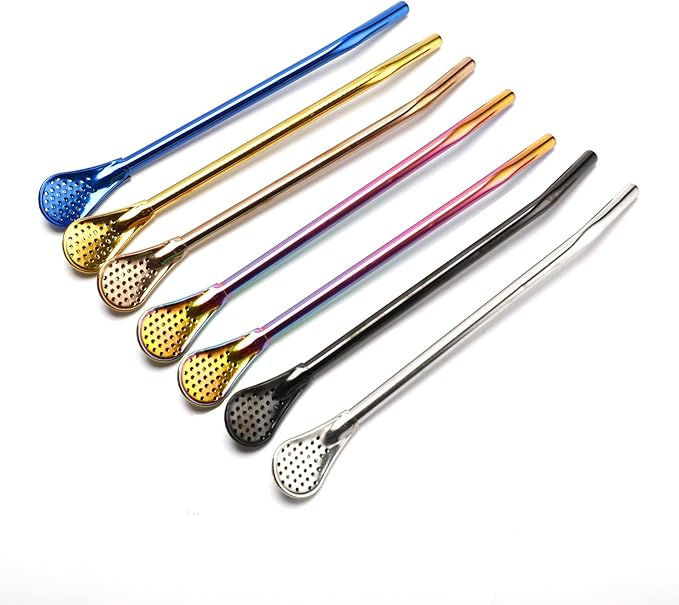 Reusable Straws Spoon for Yerba Mate Stainless Steel Straw Spoon Filter Strainers for Loose Tea, Coffee Stirrers, Smoothie Slushy Straws, 9 Pcs 6 Colors with 2 Cleaner Brushes
