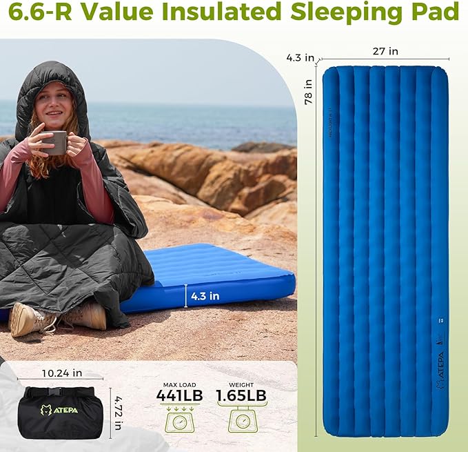 ATEPA ThermAir Pro Backpacking Inflatable Sleeping Pad, 6.6 R-Value Insulated Ultralight Portable Sleeping Pad Thick Camping Mat with Stuff Sack for Camping Backpacking Tent, Wide Long Size 78"x27"