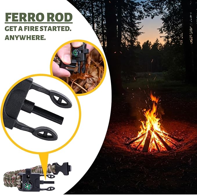 Tactiko Survival Bracelet & 10' Paracord Bundle – Fire Starter, Compass, Emergency Whistle, Mini Saw - Tactical Outdoor Survival Gear for Camping, Hiking, and Emergency Kits - U.S. Company