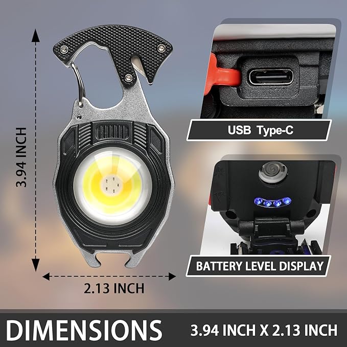 COB Keychain Work Light Flashlight - Rechargeable Multitool Camping Fire Starter 7modes 1600 Lumens for Emergency Survival Hiking Gear,Walking Dogs EDC for Men,Outdoor Enthusiasts(2Pack)