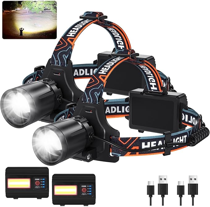 Rechargeable Headlamp Super Bright LED Head Lamp, 2Pack 99000 Lumens Headlamps with 7 Modes, 90° Adjustable Focus Headlight for Forehead Hard Hat Waterproof for Camping Hunting Hiking