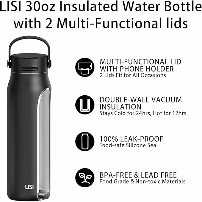 LISI 30oz Insulated Water Bottle, Double Wall Stainless Steel Water Bottles with Straw, 100% Leak-Proof Travel Thermal Canteen Mug with 2 Lids (Straw, Phone Holder Lid)