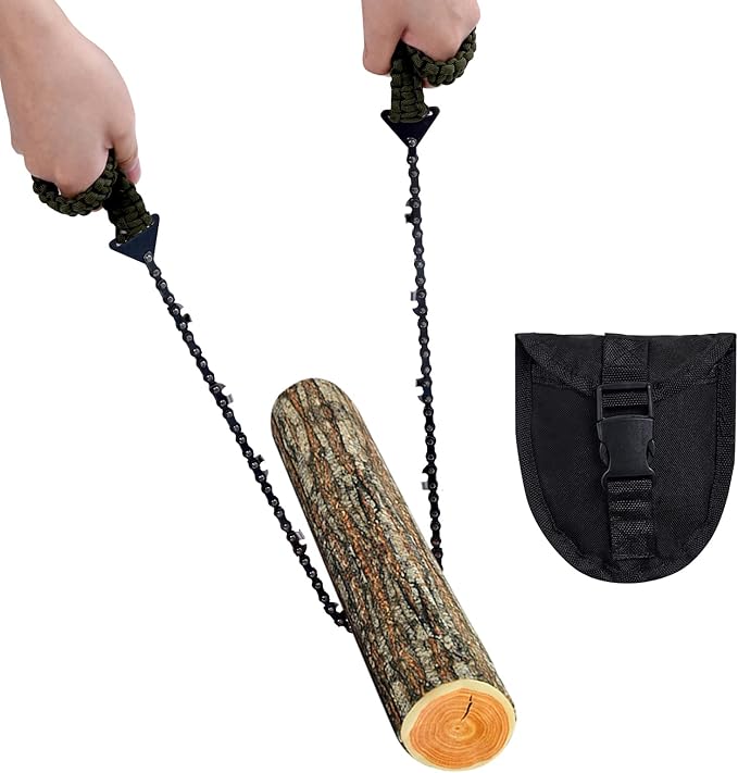 Sucrain Pocket Chainsaw with Paracord Handle, Folding Chain Hand Saw, Emergency Outdoor Survival Gear for Camping, Hunting, Hiking, Cutting Wood & Tree (Army Green, 11 Teeth, 24'' Long)