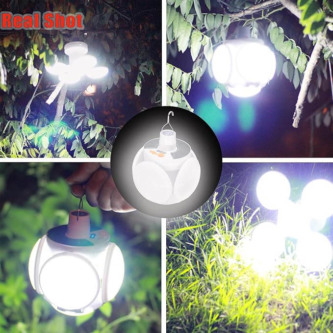 Folding Solar Camping Lights USB Rechargeable Lantern Waterproof Hanging Canopy Tent Lamp Remote Control Blub Portable for Home Indoor Outdoor Emergency Power Outage Vendors Booths 1 Pack