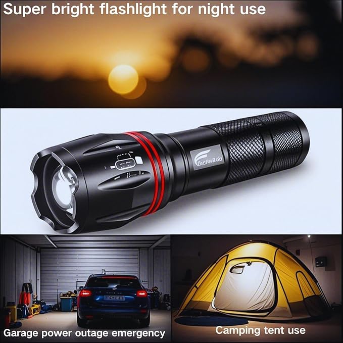 HAUSBELL T8 Upgraded Flashlight 4 Pack, 2000 Lumens High Lumens Tactical Flashlights, 5 Modes Zoomable Waterproof, with Batteries Included for Camping Emergency