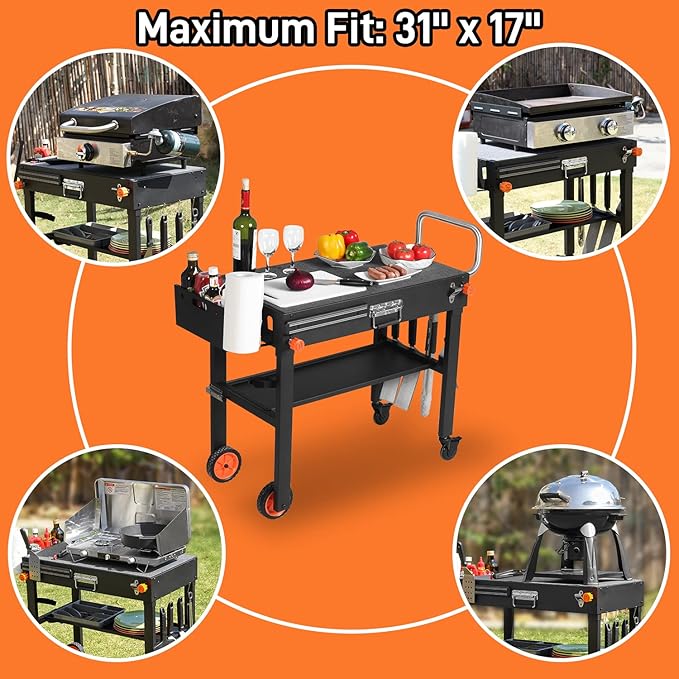 EUTRKei Grill Table for Blackstone Griddle, Portable Griddle Table with Caddy - Fit 17” or 22” Other Tabletop Grill, Foldable Ninja Grill Stand& Blackstone Griddle Stand for Outdoor Tailgating-Camping
