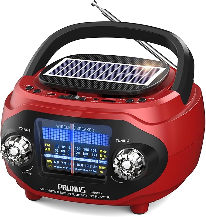 PRUNUS 15W Retro Bluetooth Speaker with Rich Bass Stereo Best Sound, Radio Portable AM FM, Solar/USB Rechargeable,Vintage Speaker Support AUX/USB Drive, Home,Party, Gift (2026 Update)