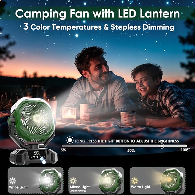 COZII Misting Fan Portable, 20000mAh Camping Fan Rechargeable with Mist - Mister with 360ml Water Tank, Touch Screen, 5 Speeds, 3 Colors LED Lantern, 8 Timing, for Tents, Travel, Beach, Home, Outdoor