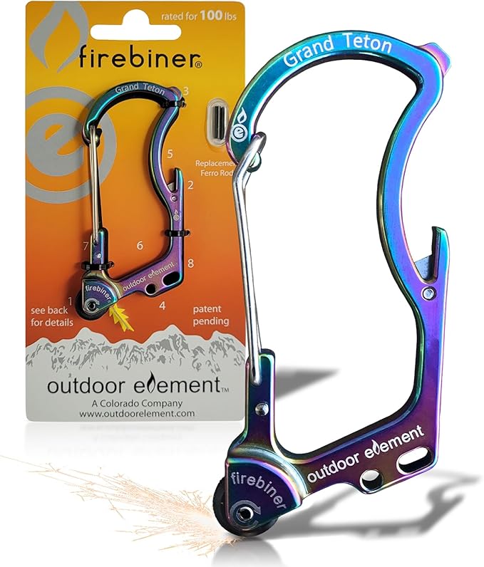OUTDOOR ELEMENT Firebiner Custom Engraved 6-in-1 Fire Starter Carabiner Multitool – Survival Gear EDC Keychain with Utility Blade, Bottle Opener, Screwdriver, Emergency Tool