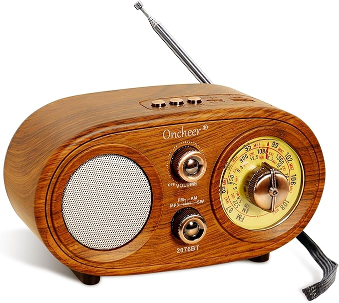 Oncheer Portable Retro Vintage Bluetooth Speaker Radio, FM/AM/SW 3 Band, Adjustable Antenna, Battery Powered, Support TF Card, USB Playing Music, Home Decor Gifts for Friends Family -Brown Color